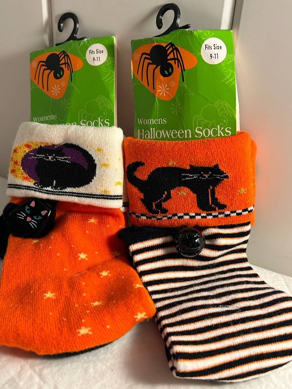Vintage 90s Halloween Socks Walmart Womens 2 Pack Black Cat Jingle Bells LOT